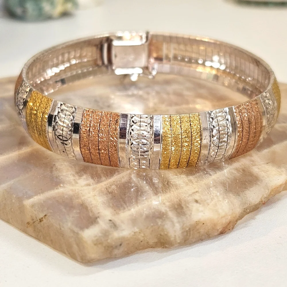 JCM Gold Over Sterling Silver Bracelet 3 Color Vermeil Omega Flex Bangle Italy